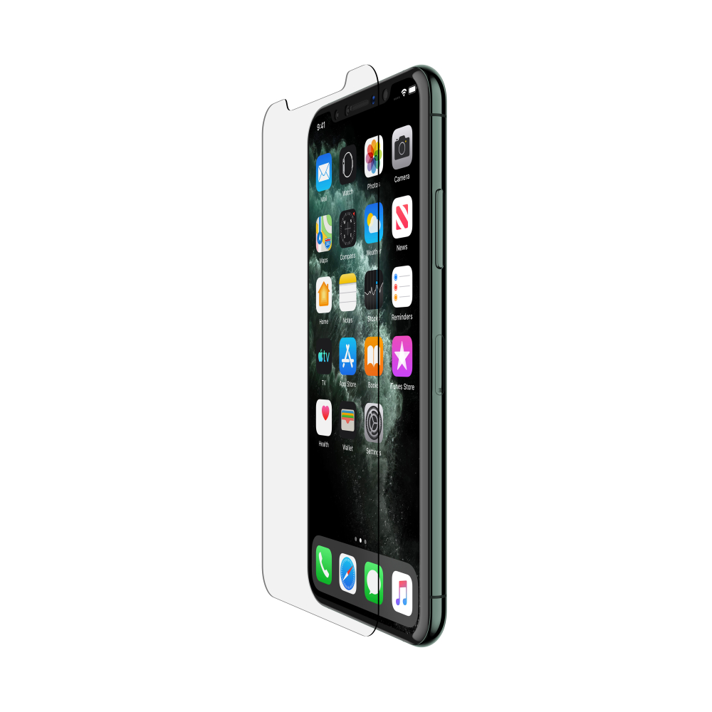 SCREENFORCE InvisiGlass Ultra Screen Protector for iPhone; vertical; hover. BELKIN F8W940ZZ-AM ULTRA GLASS (LAS TECH) ANTI-MICROBIAL IPHONE 11 PRO, EZ TRAY - Image 1