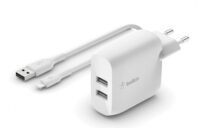 BELKIN WCD001VF1MWH DUAL USB-A WALL CHARGER W/ 1M PVC A-LTG, 24W, WHT
